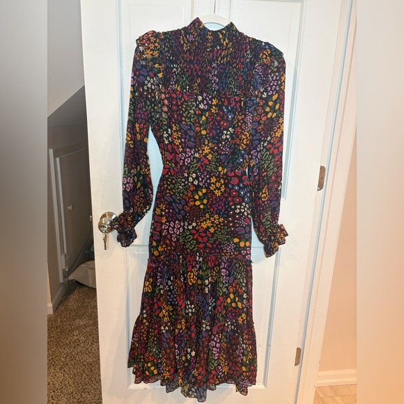 FARM Rio Dresses & Skirts - FARM Rio Black Multicolor Floral Smocked Long Sleeve Tiered Midi Dress NWT